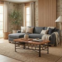 Luxury Copper Coffee Table: Some lifestyle images are created with AI for visualization purposes. Crafted from natural solid wood, each piece is unique and will vary.