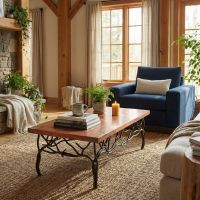 Artisan Copper Furniture: Some lifestyle images are created with AI for visualization purposes. Crafted from natural solid wood, each piece is unique and will vary.