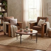 Modern Copper Coffee Table: Some lifestyle images are created with AI for visualization purposes. Crafted from natural solid wood, each piece is unique and will vary.