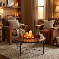 Farmhouse Copper Coffee Table: Some lifestyle images are created with AI for visualization purposes. Crafted from natural solid wood, each piece is unique and will vary.