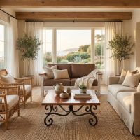 Distressed Copper Coffee Table: Some lifestyle images are created with AI for visualization purposes. Crafted from natural solid wood, each piece is unique and will vary.