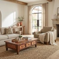 Modern Copper Coffee Table: Some lifestyle images are created with AI for visualization purposes. Crafted from natural solid wood, each piece is unique and will vary.