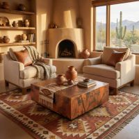 Hammered Copper Coffee Table: Some lifestyle images are created with AI for visualization purposes. Crafted from natural solid wood, each piece is unique and will vary.