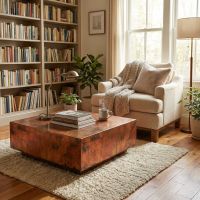 Handcrafted Copper Table: Some lifestyle images are created with AI for visualization purposes. Crafted from natural solid wood, each piece is unique and will vary.