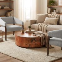 Modern Copper Coffee Table: Some lifestyle images are created with AI for visualization purposes. Crafted from natural solid wood, each piece is unique and will vary.