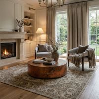Contemporary Copper Table: Some lifestyle images are created with AI for visualization purposes. Crafted from natural solid wood, each piece is unique and will vary.