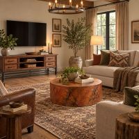 Copper Coffee Table: Some lifestyle images are created with AI for visualization purposes. Crafted from natural solid wood, each piece is unique and will vary.