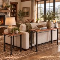 Copper Console Table: Some lifestyle images are created with AI for visualization purposes. Crafted from natural solid wood, each piece is unique and will vary.