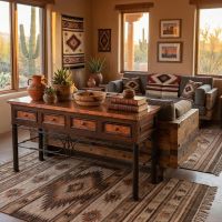 Southwestern Console: Some lifestyle images are created with AI for visualization purposes. Crafted from natural solid wood, each piece is unique and will vary.