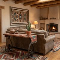 Southwestern Console: Some lifestyle images are created with AI for visualization purposes. Crafted from natural solid wood, each piece is unique and will vary.