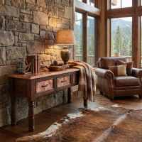 Rustic Console Table: Some lifestyle images are created with AI for visualization purposes. Crafted from natural solid wood, each piece is unique and will vary.