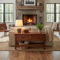 Rustic Sofa Table: Some lifestyle images are created with AI for visualization purposes. Crafted from natural solid wood, each piece is unique and will vary.