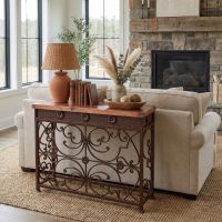 Copper Console: Some lifestyle images are created with AI for visualization purposes. Crafted from natural solid wood, each piece is unique and will vary.