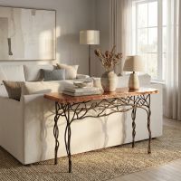 Modern Sofa Table: Some lifestyle images are created with AI for visualization purposes. Crafted from natural solid wood, each piece is unique and will vary.