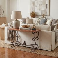 Copper Sofa Table: Some lifestyle images are created with AI for visualization purposes. Crafted from natural solid wood, each piece is unique and will vary.