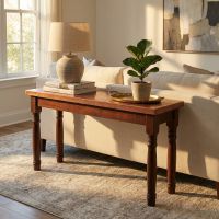 Copper Sofa Table: Some lifestyle images are created with AI for visualization purposes. Crafted from natural solid wood, each piece is unique and will vary.