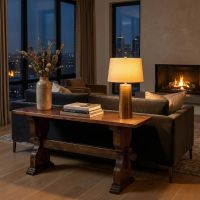 Copper Sofa Table: Some lifestyle images are created with AI for visualization purposes. Crafted from natural solid wood, each piece is unique and will vary.