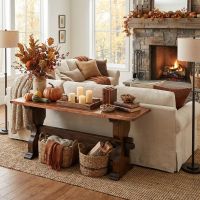 Rustic Copper Sofa Table: Some lifestyle images are created with AI for visualization purposes. Crafted from natural solid wood, each piece is unique and will vary.
