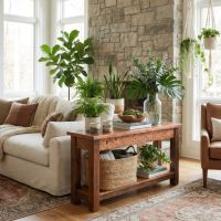 Copper Sofa Table: Some lifestyle images are created with AI for visualization purposes. Crafted from natural solid wood, each piece is unique and will vary.