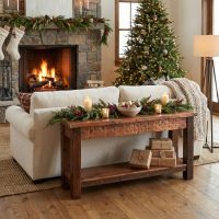 Rustic Sofa Table: Some lifestyle images are created with AI for visualization purposes. Crafted from natural solid wood, each piece is unique and will vary.