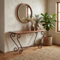 Copper Console Table: Some lifestyle images are created with AI for visualization purposes. Crafted from natural solid wood, each piece is unique and will vary.