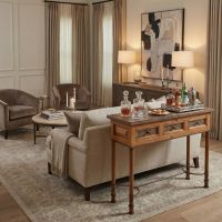 Copper Sofa Table: Some lifestyle images are created with AI for visualization purposes. Crafted from natural solid wood, each piece is unique and will vary.