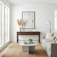 Modern Copper Console Table: Some lifestyle images are created with AI for visualization purposes. Crafted from natural solid wood, each piece is unique and will vary.