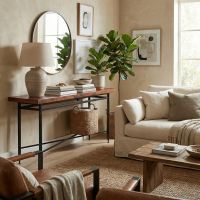Copper Console Table: Some lifestyle images are created with AI for visualization purposes. Crafted from natural solid wood, each piece is unique and will vary.