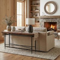 Copper Sofa Table: Some lifestyle images are created with AI for visualization purposes. Crafted from natural solid wood, each piece is unique and will vary.