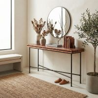 Copper Console Table: Some lifestyle images are created with AI for visualization purposes. Crafted from natural solid wood, each piece is unique and will vary.