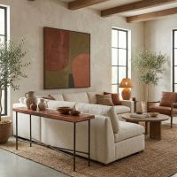 Copper Sofa Table: Some lifestyle images are created with AI for visualization purposes. Crafted from natural solid wood, each piece is unique and will vary.