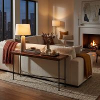 Modern Rustic Copper Sofa Table: Some lifestyle images are created with AI for visualization purposes. Crafted from natural solid wood, each piece is unique and will vary.
