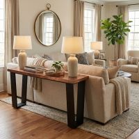 Contemporary Copper Sofa Table: Some lifestyle images are created with AI for visualization purposes. Crafted from natural solid wood, each piece is unique and will vary.