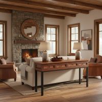 Hammered Copper Console Table: Some lifestyle images are created with AI for visualization purposes. Crafted from natural solid wood, each piece is unique and will vary.