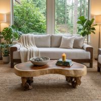 Slab Coffee Table: Some lifestyle images are created with AI for visualization purposes. Crafted from natural solid wood, each piece is unique and will vary.