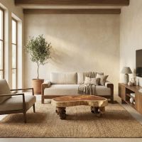 Wood Coffee Table: Some lifestyle images are created with AI for visualization purposes. Crafted from natural solid wood, each piece is unique and will vary.
