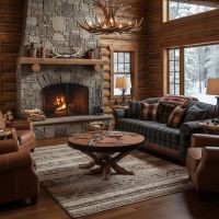 Rustic Lodge Coffee Table: Some lifestyle images are created with AI for visualization purposes. Crafted from natural solid wood, each piece is unique and will vary.