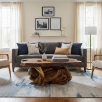 Log Coffee Table: Some lifestyle images are created with AI for visualization purposes. Crafted from natural solid wood, each piece is unique and will vary.