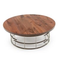 Contemporary Round Cage Coffee Table - Black Walnut - Flat Edge - Natural Clear - Polished Stainless Steel
