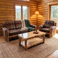Aspen Log Coffee Table: Some lifestyle images are created with AI for visualization purposes. Crafted from natural solid wood, each piece is unique and will vary.