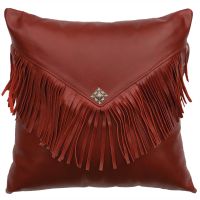 Dark Red Fringed Leather Decor Pillow