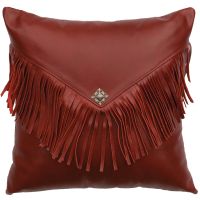 Dark Red Fringed Leather Decor Pillow