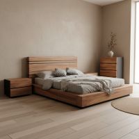 Modern Rustic Platform Bed: Some lifestyle images are created with AI for visualization purposes. Crafted from natural solid wood, each piece is unique and will vary.