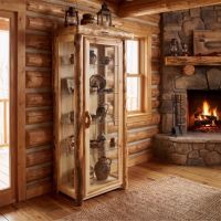 Log Display Cabinet: Some lifestyle images are created with AI for visualization purposes. Crafted from natural solid wood, each piece is unique and will vary.