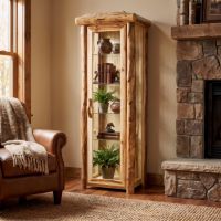 Log Display Cabinet: Some lifestyle images are created with AI for visualization purposes. Crafted from natural solid wood, each piece is unique and will vary.