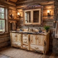 Log Medicine Cabinet: Some lifestyle images are created with AI for visualization purposes. Crafted from natural solid wood, each piece is unique and will vary.