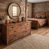 Rustic Mosaic Dresser: Some lifestyle images are created with AI for visualization purposes. Crafted from natural solid wood, each piece is unique and will vary.