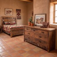 Rustic Mosaic Dresser: Some lifestyle images are created with AI for visualization purposes. Crafted from natural solid wood, each piece is unique and will vary.
