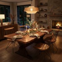 Copper and Wood Dining Table: Some lifestyle images are created with AI for visualization purposes. Crafted from natural solid wood, each piece is unique and will vary.