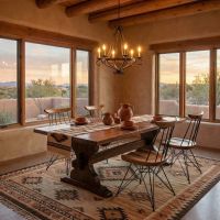 Southwestern Dining Table: Some lifestyle images are created with AI for visualization purposes. Crafted from natural solid wood, each piece is unique and will vary.